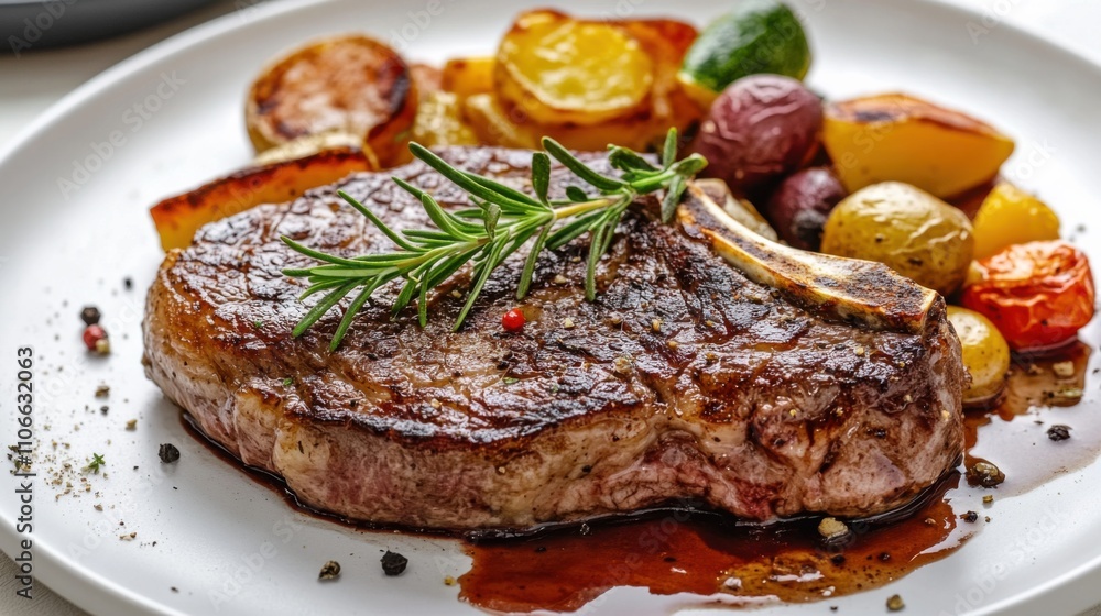 A mouthwatering plate of perfectly seared steak served with roasted potatoes and a side of sautéed vegetables, Steak plated elegantly, Juices pooling around the meat A mouthwatering plate of perfectly seared steak served with roasted potatoes and a side of sautéed vegetables, Steak plated elegantly, Juices pooling around the meat