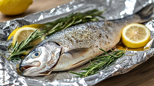 Aluminum foil with raw fish, lemon +slices, rosemary and spices on wooden table. Baking salmon on wooden table

