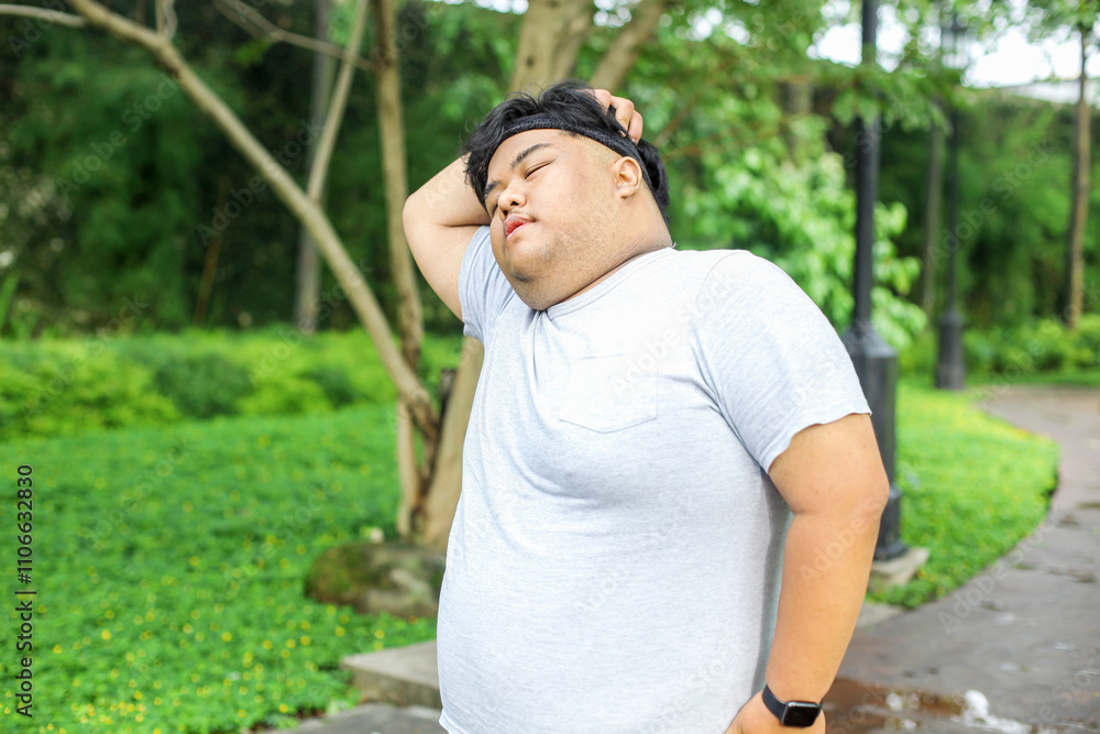 Fat Guy In Sportswear Warming Up His Head Before Jogging in The Park Fat Guy In Sportswear Warming Up His Head Before Jogging in The Park