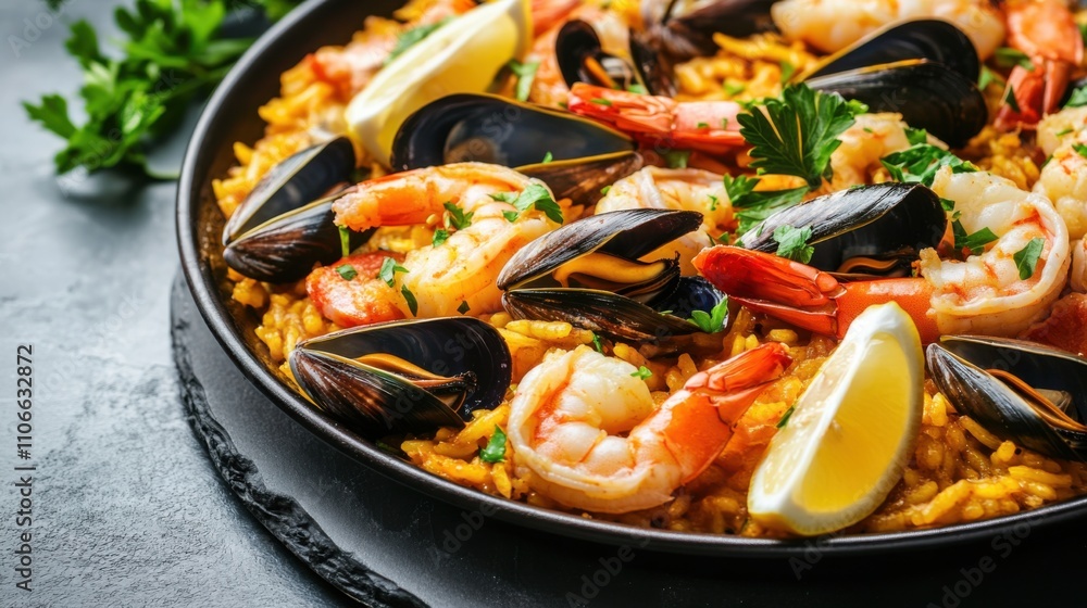 A mouthwatering plate of seafood paella loaded with shrimp, mussels, and clams A mouthwatering plate of seafood paella loaded with shrimp, mussels, and clams