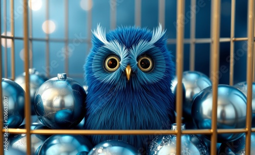 owl christmas Blue and silver christmas balls in a cage on the background of f  animal, decoration, season, bird photo