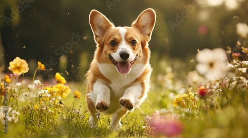 Joyful Corgi Running Through a Wildflower Meadow