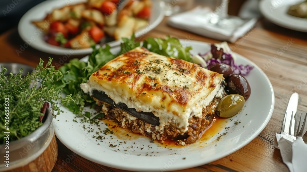 Greek moussaka with layers of eggplant, ground meat, and béchamel sauce, served with a Greek salad and olives Greek moussaka with layers of eggplant, ground meat, and béchamel sauce, served with a Greek salad and olives