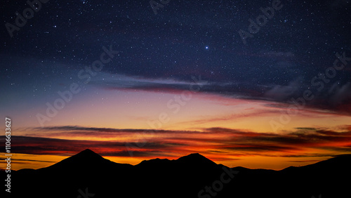 A shadow of a mountain range casted by a bright starry night sky, universe landscape during sunset desktop wallpaper, 3d illustration outer space image