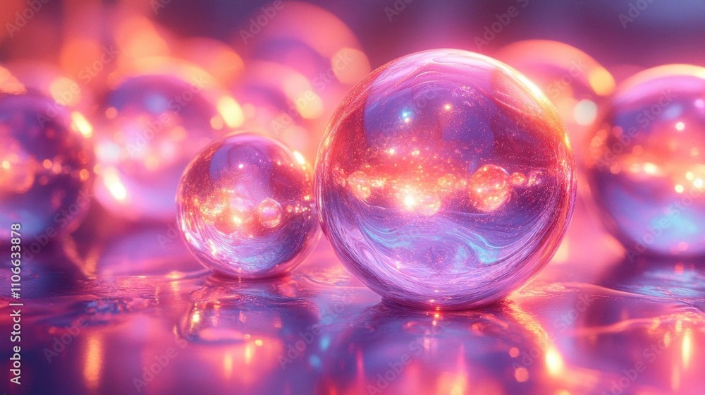 A vibrant, abstract scene featuring glowing orbs of various sizes reflecting colorful light against a smooth surface. A vibrant, abstract scene featuring glowing orbs of various sizes reflecting colorful light against a smooth surface.