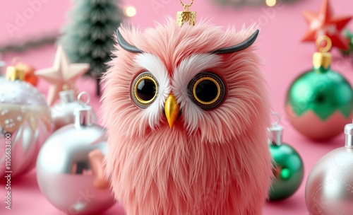 owl christmas Christmas decoration , some different christmas ornaments , on a pink color background  animal, decoration, season, bird photo