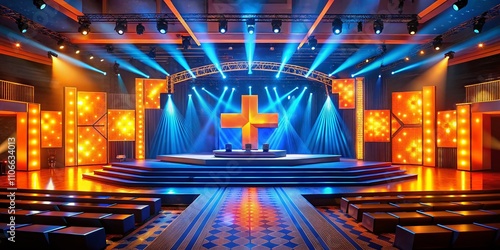 Candid Photography of an Artistic Stage Design Featuring a Vibrant Blue and Orange Color Palette with a Prominent Large Plus Sign at the Center for Creative Events photo