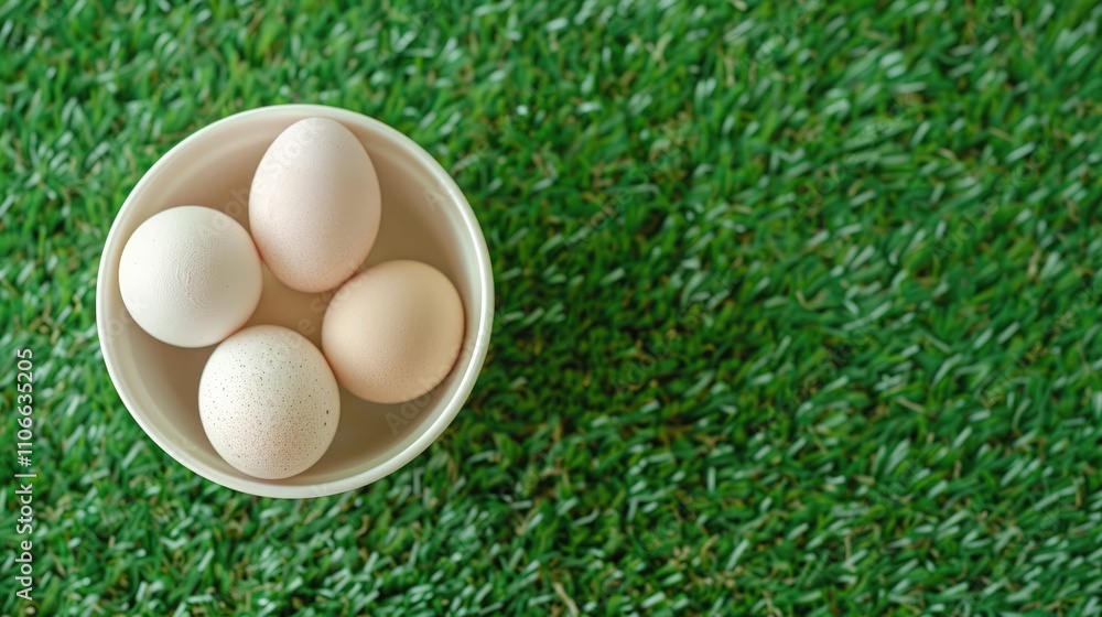 Chicken eggs on bowl atop artificial grass in modern supermarket - Top view with copy space. Chicken eggs on bowl atop artificial grass in modern supermarket - Top view with copy space.