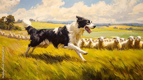 Border Collie Herding Sheep in a Sun-Drenched Pastoral Landscape photo