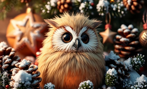 owl christmas Rustic christmas decorations in natural nordic style with pinecones, handmade ornaments, and snow, background wallpaper banner  animal, decoration, season, bird photo