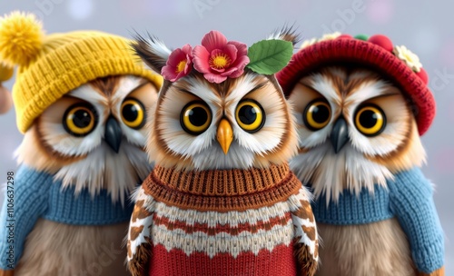 owl christmas Three owls in sweaters, hats, and flower crowns, along with one owl wearing a sweater with a flower on its head  animal, decoration, season, bird photo