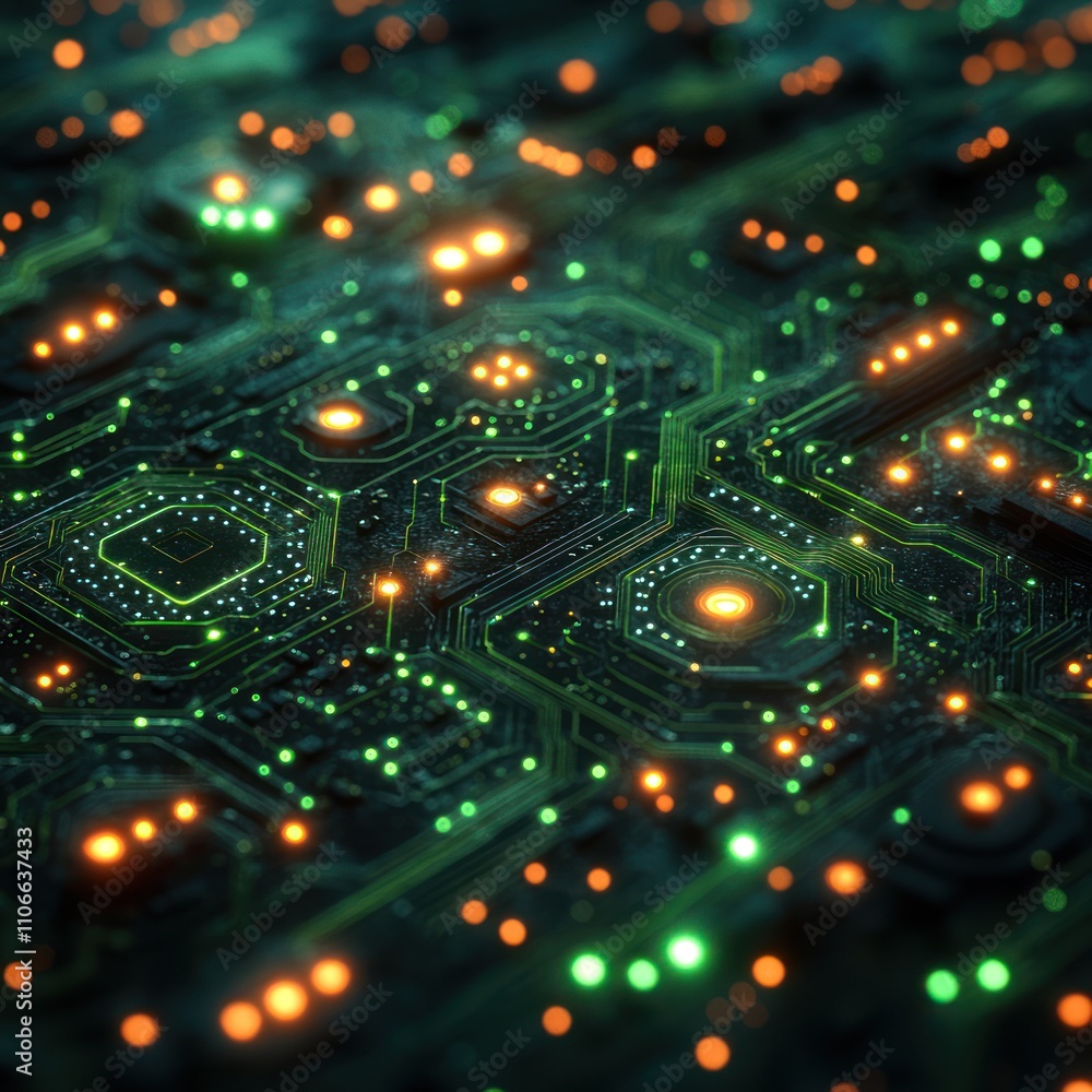 A close-up view of a circuit board with glowing lights, illustrating technology and electronics. A close-up view of a circuit board with glowing lights, illustrating technology and electronics.