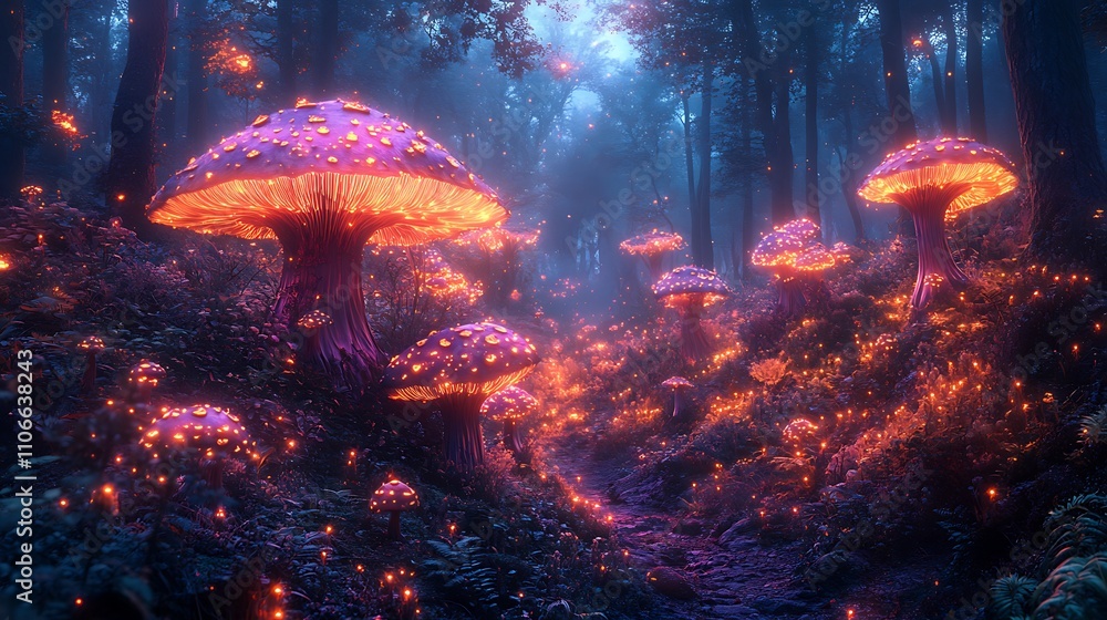 Fototapeta premium Enchanted forest filled with luminous psychedelic fungi and surreal light