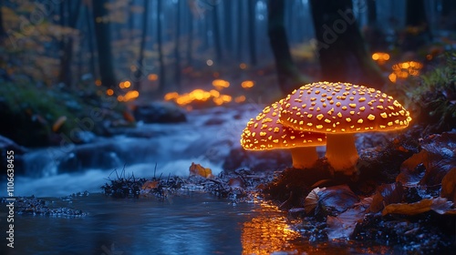 Fluorescent mushrooms glowing near a mysterious forest stream photo