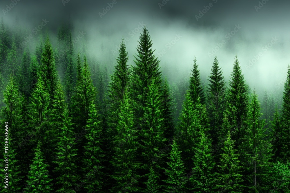 A detailed image of foggy clouds hanging low over a dense forest in early morning light A detailed image of foggy clouds hanging low over a dense forest in early morning light