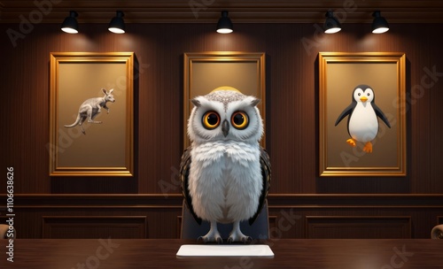 owl christmas An elegant office with a dark brown wall featuring three frames: a wise owl, a jumping kangaroo, and a swimming penguin, all under focused spotlights  animal, decoration, season, bird photo