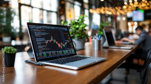 Wallpaper Mural Modern Laptop Displaying Stock Market Data on a Wooden Table in a Bright and Stylish Cafe with Soft Background and Busy Professionals Working Torontodigital.ca