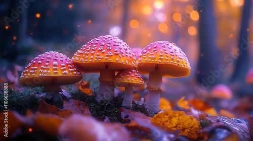 Psychedelic enchanted forest filled with vibrant neon-colored mushrooms photo