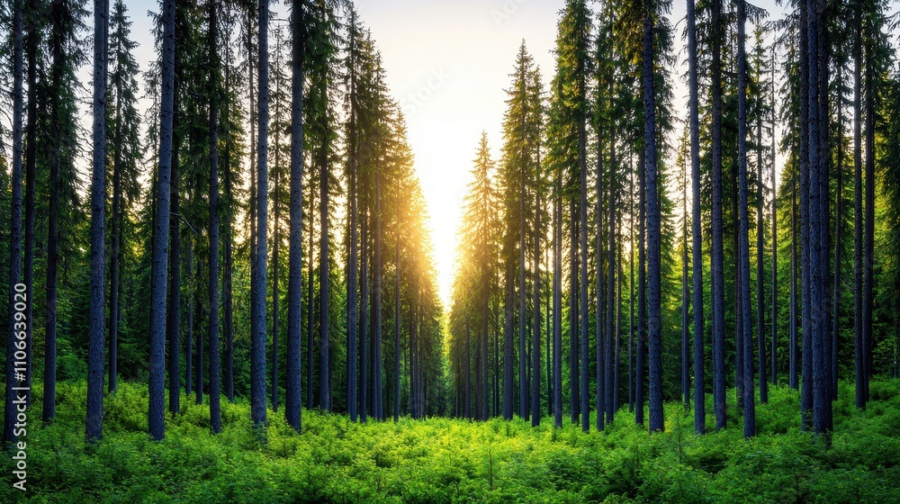 Fototapeta premium Serene Forest Pathway Surrounded by Tall Green Pine Trees at Sunset