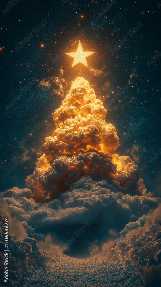 Obraz premium Make a merry Christmas card. Christmas tree made of clouds, fox and Santa, snowman and gifts, winter village, snowy landscape, little prince and rose.