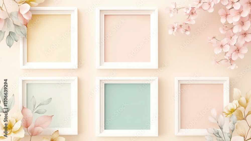 A pastel-themed image with four rectangular frames bordered in white, slightly tilted on a warm beige background. The frames feature soft colors: blush pink, teal blue, soft yellow, and pale green. A pastel-themed image with four rectangular frames bordered in white, slightly tilted on a warm beige background. The frames feature soft colors: blush pink, teal blue, soft yellow, and pale green.