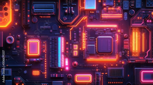 Wallpaper Mural Futuristic Circuit Board with Neon Lights and Vibrant Colors Torontodigital.ca