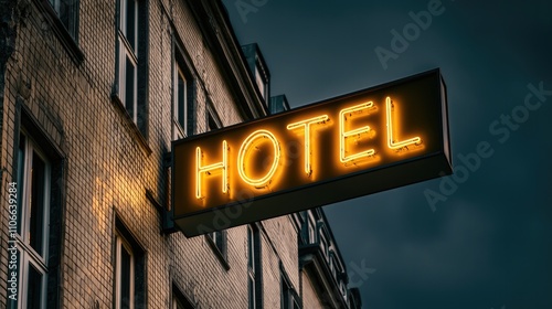 A brightly lit hotel sign hangs on a brick building, casting a warm glow against a dark, moody sky.