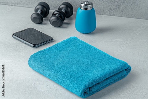 A fitness app branding displayed on a phone, a smartwatch, and gym towels with sleek logos and motivational colors photo