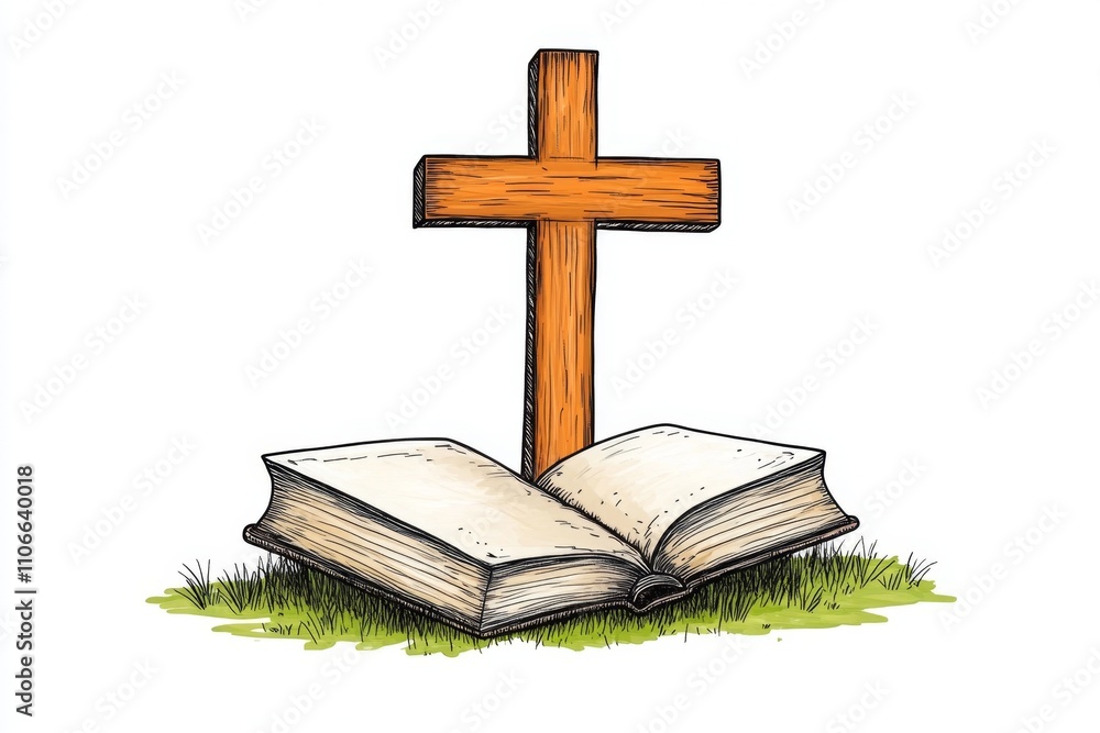 A flat design of a Bible and a cross placed together, drawn in soft earthy tones with subtle shading A flat design of a Bible and a cross placed together, drawn in soft earthy tones with subtle shading