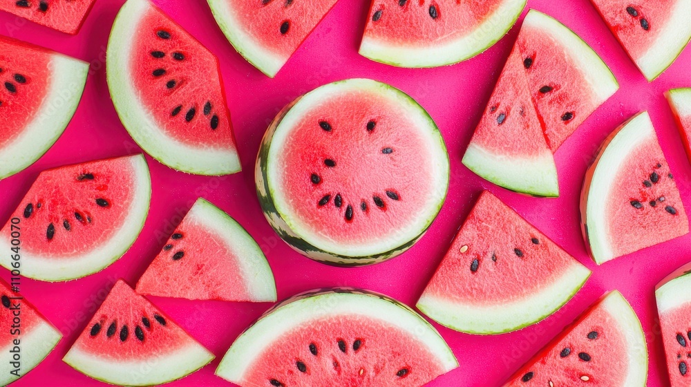 Fresh Watermelon Slices on Bright Pink Background for Summer Vibes Fresh Watermelon Slices on Bright Pink Background for Summer Vibes