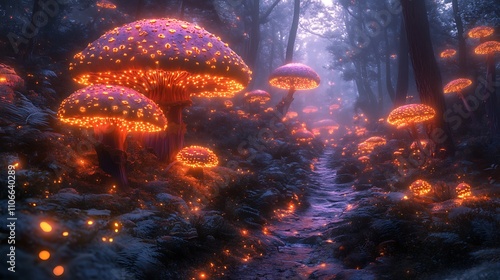 Surreal forest filled with radiant mushrooms and iridescent fog photo