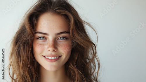 Close-up portrait of a smiling young Caucasian woman with freckles, blue eyes, and wavy brown hair against a light background.