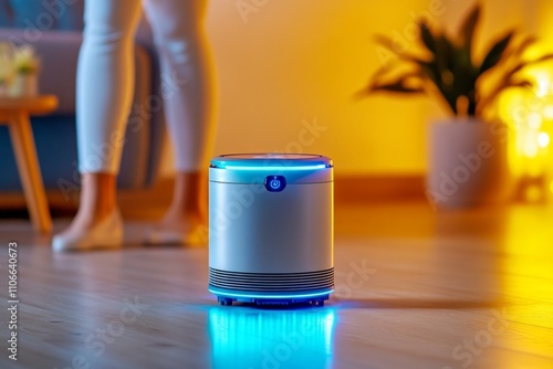 A futuristic cleaning robot with sleek metallic features, autonomously sanitizing a modern living space illuminated by glowing LEDs photo