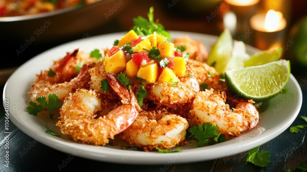A plate of crispy coconut shrimp served with a tangy mango salsa and lime wedges, Coconut shrimp plate centered, Warm candlelight creating a tropical ambiance A plate of crispy coconut shrimp served with a tangy mango salsa and lime wedges, Coconut shrimp plate centered, Warm candlelight creating a tropical ambiance