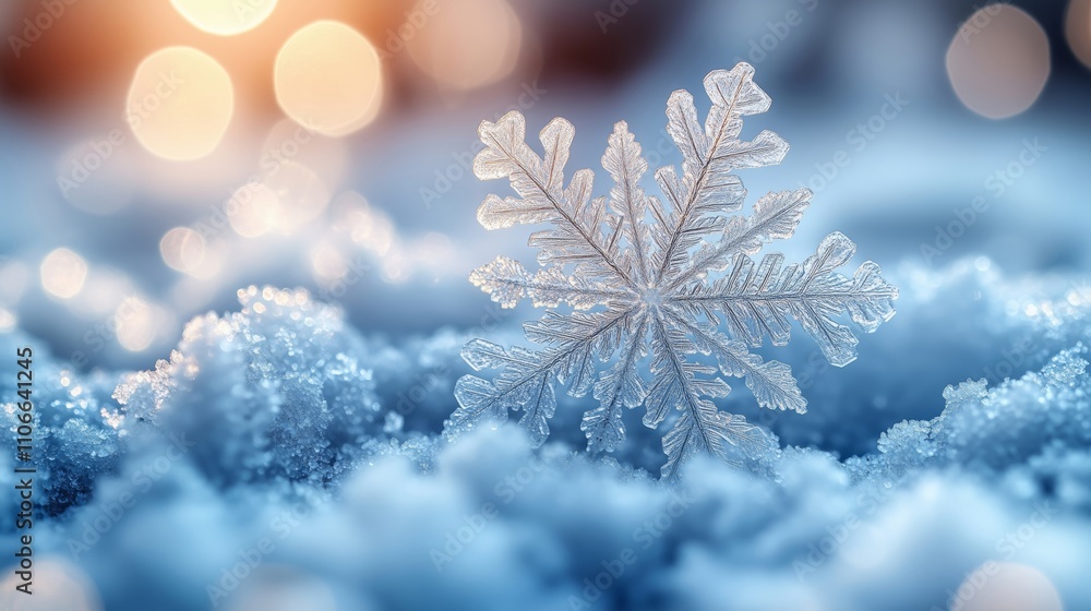 Elegant Snowflake on Soft Snow with Blurred Background Lights Elegant Snowflake on Soft Snow with Blurred Background Lights