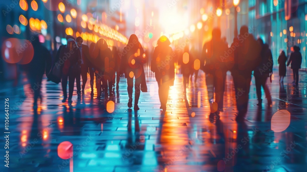 Silhouettes of people walking on a city street at night. Silhouettes of people walking on a city street at night.