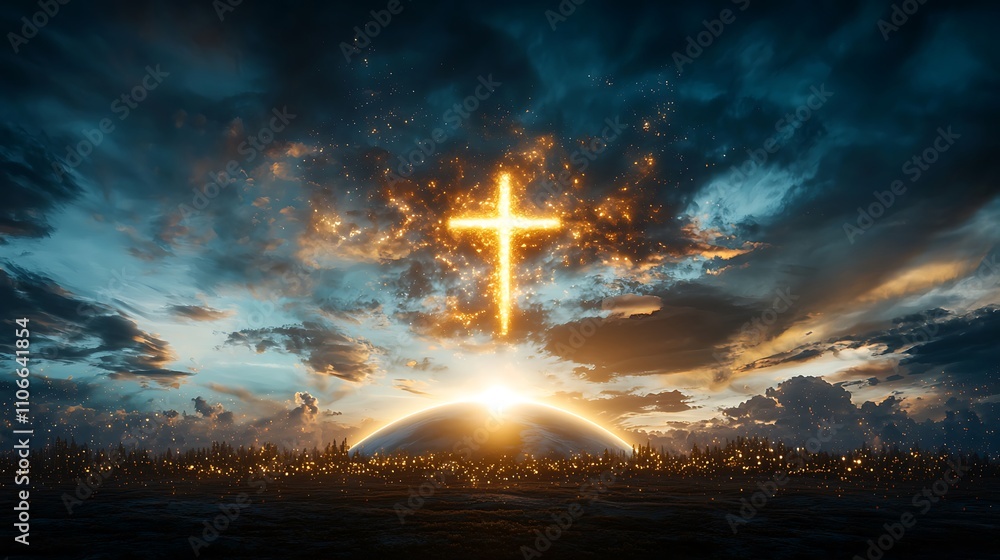 Obraz premium The image depicts a glowing cross suspended in the sky over the curvature of the Earth, bathed in the warm light of the rising sun