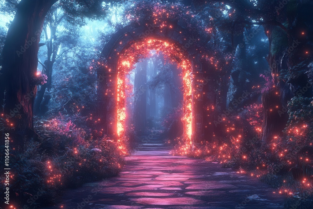 enchanted forest scene featuring a magical teleport portal adorned with ...
