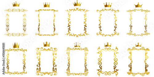 golden Elegant royal swirls with crown, Victorian Scrolls decorative elements, vintage calligraphic lines text dividers, premium luxury crown elements