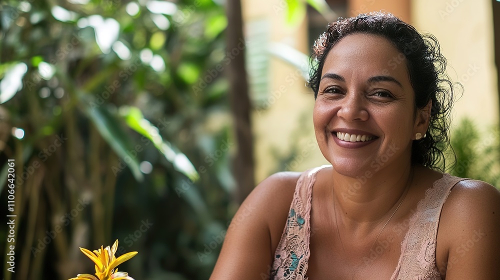 Portrait of a beautiful woman with graceful features, exuding elegance and confidence, captured in a natural and serene setting. Perfect for themes of beauty, empowerment, and feminine strength.