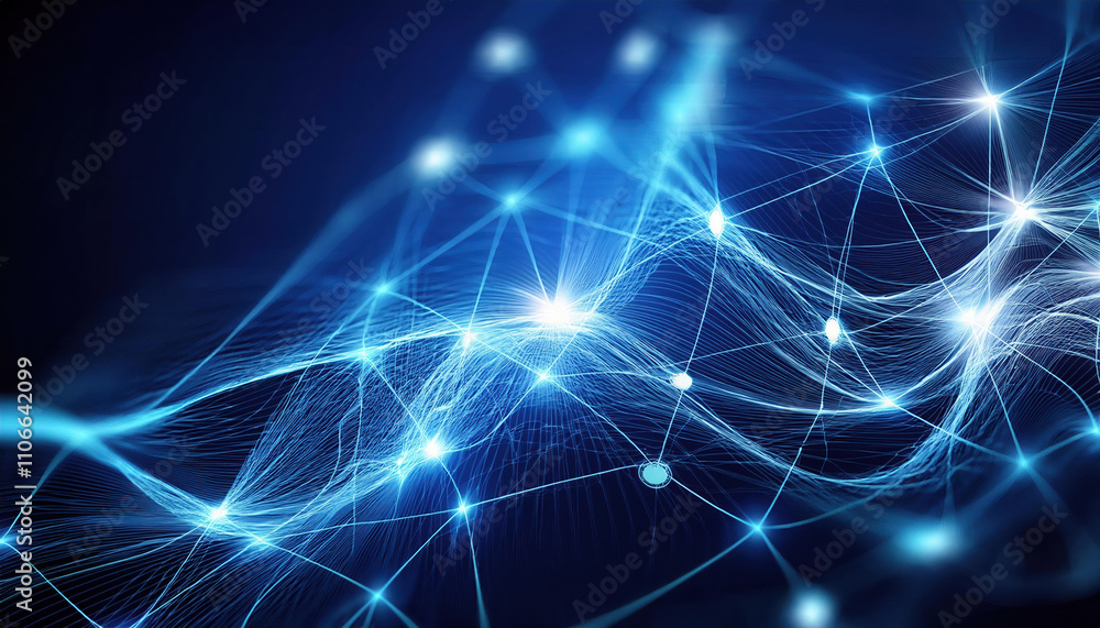 Dynamic motion of glowing nodes in deep blue tones creates mesmerizing neural network visualization. intricate patterns evoke sense of innovation and technology