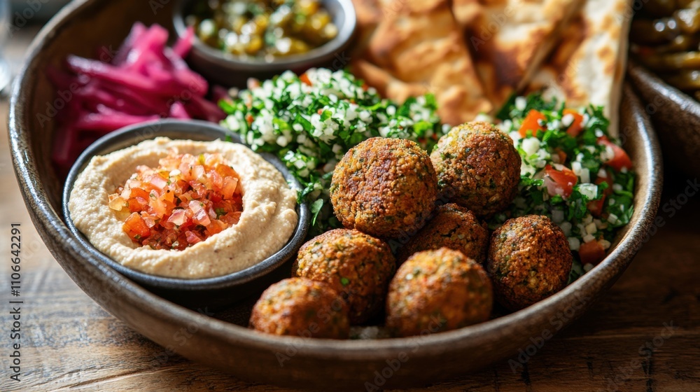 A plate of crispy falafel served with hummus, tabbouleh, and warm pita bread A plate of crispy falafel served with hummus, tabbouleh, and warm pita bread