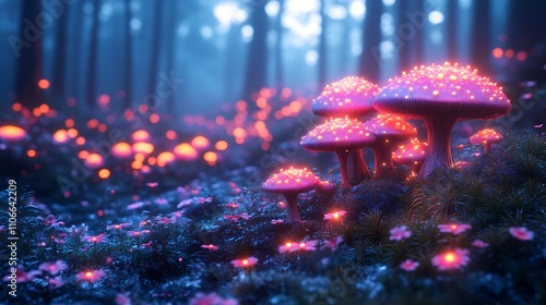 Colorful glowing fungi growing in a misty magical forest clearing