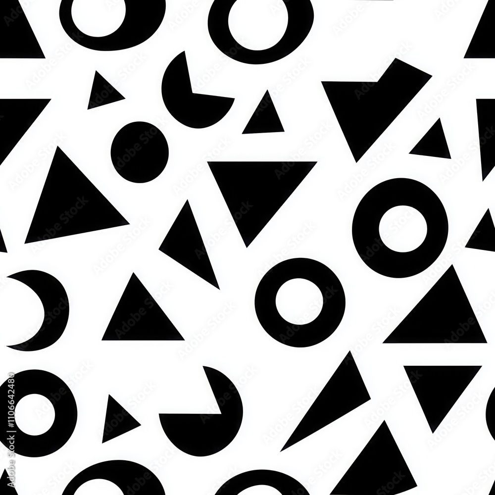 Seamless pattern of simple black and white geometric shapes like triangles and circles Seamless pattern of simple black and white geometric shapes like triangles and circles