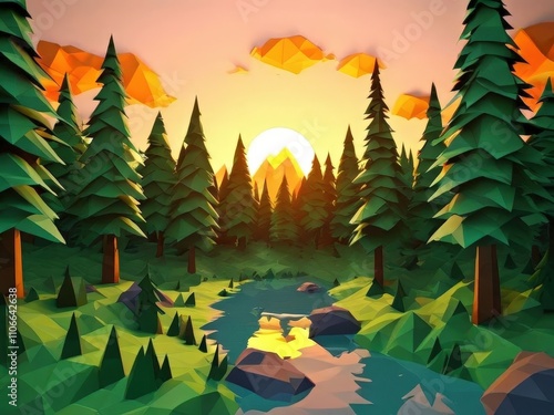 the AI Image Generator, Low Poly Landscape with Mountains and Forest River photo