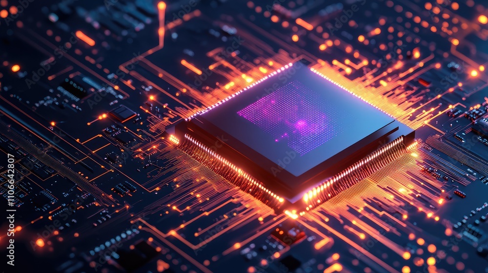 High-Tech Microprocessor on Printed Circuit Board with Digital Signals High-Tech Microprocessor on Printed Circuit Board with Digital Signals