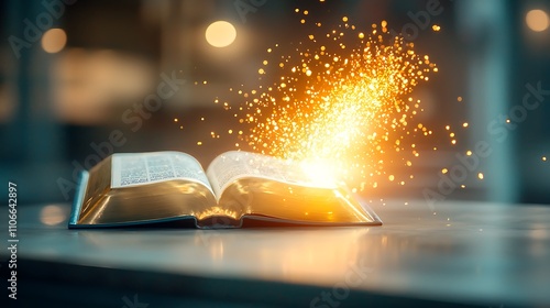A scene in a dimly lit church, with a glowing light emanating from an open Holy Bible on the altar, casting a warm and inviting glow throughout the sacred space