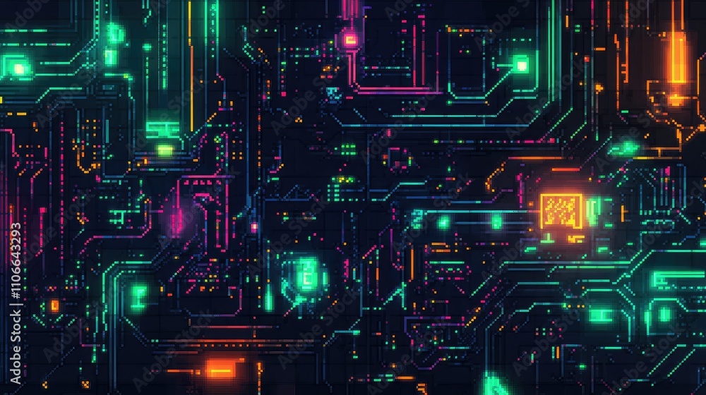 Vibrant Neon Circuit Board Design with Colorful Glowing Elements Vibrant Neon Circuit Board Design with Colorful Glowing Elements