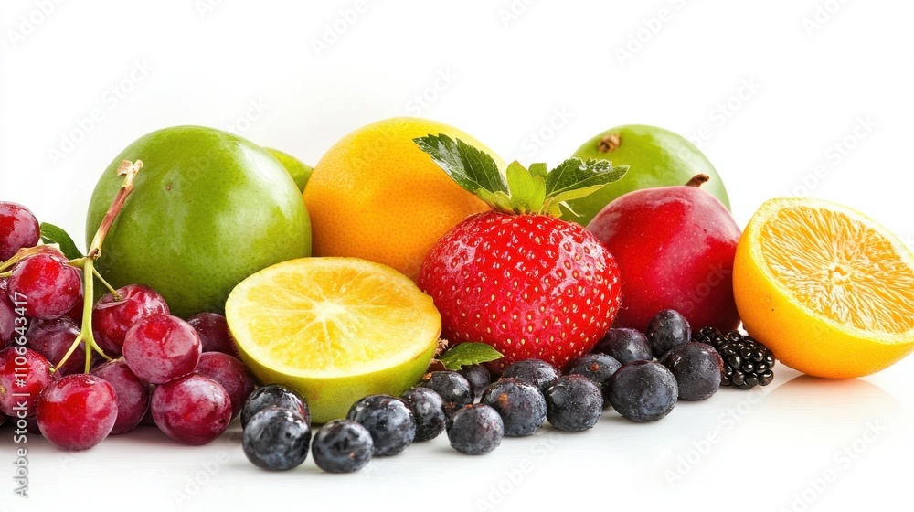 A vibrant assortment of fresh fruits showcased against a pristine white background. A vibrant assortment of fresh fruits showcased against a pristine white background.