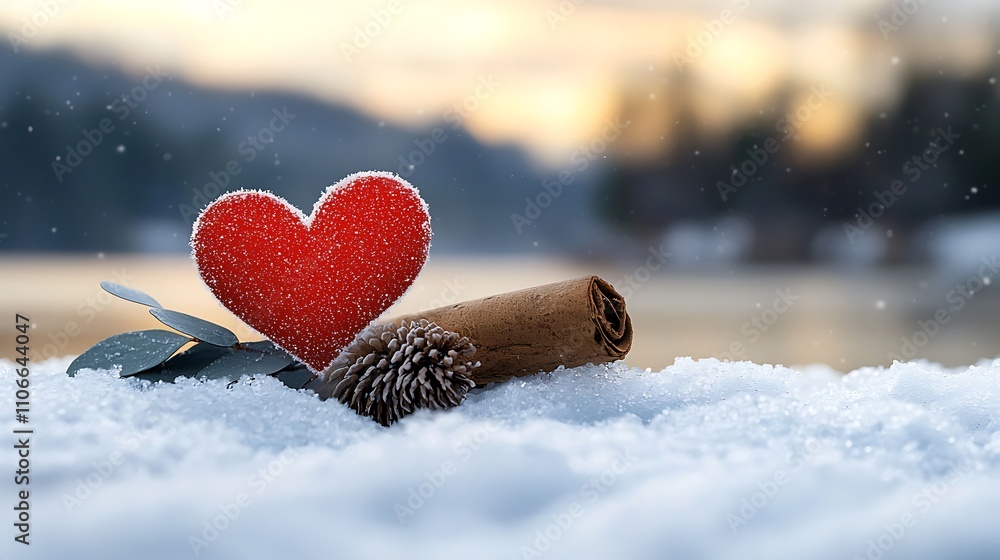 Fototapeta premium A vibrant red heart, delicately traced into the pure white blanket of snow, contrasting beautifully against the winter landscape.